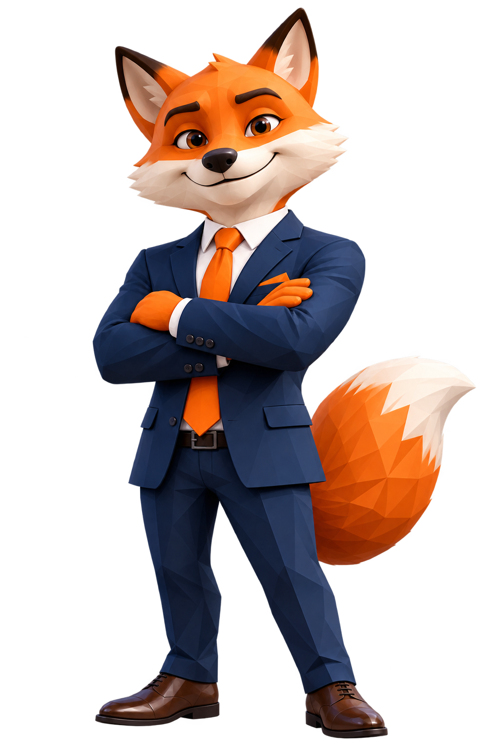 Mascotte FoxyAssur en costume bleu pour l’assurance décennale